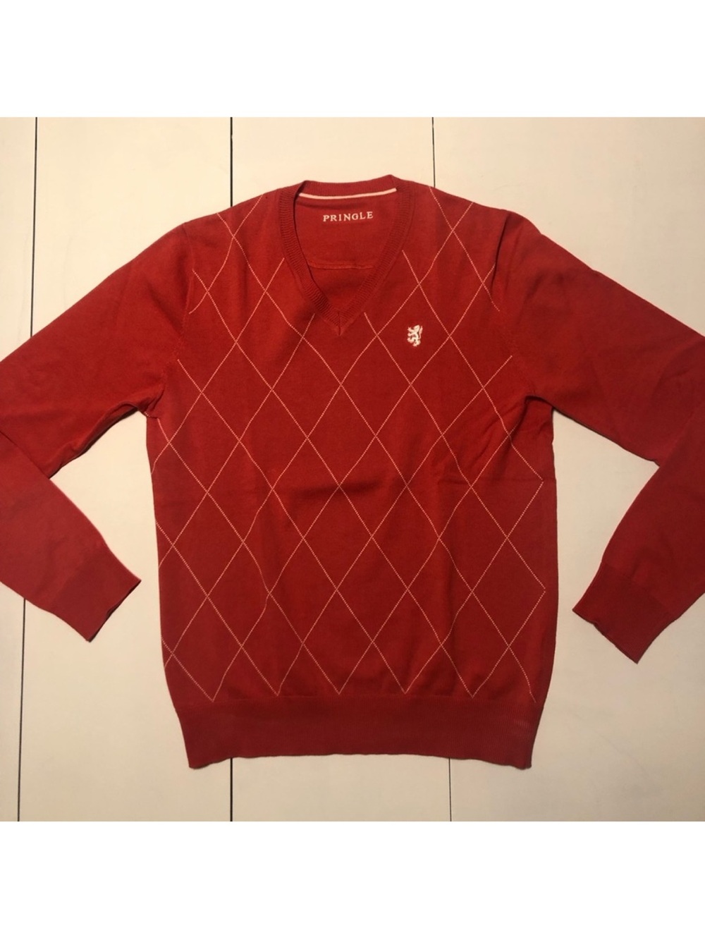 Pringle Men's orange/red V-Neck Argyle Sweater